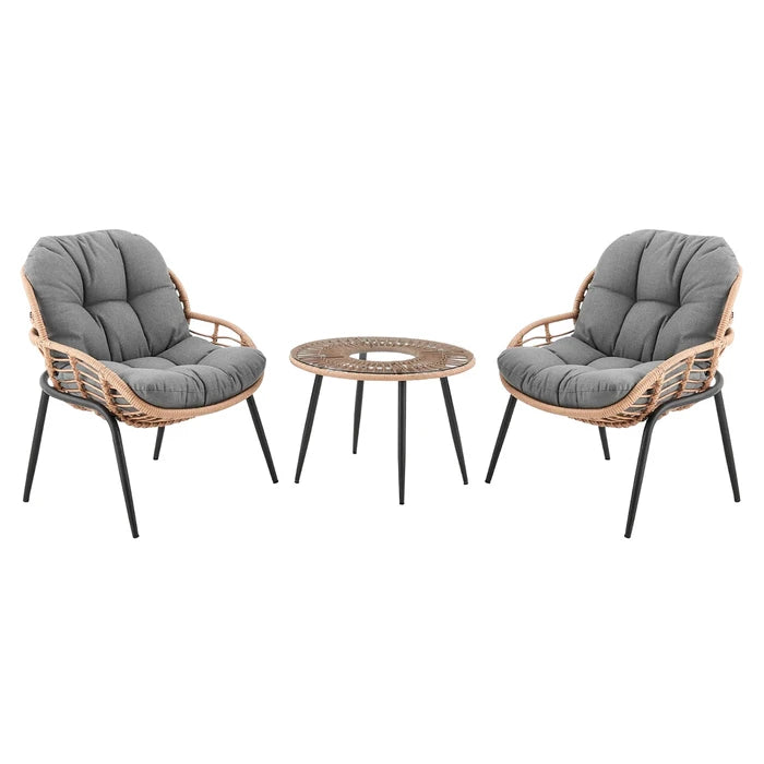 Juego De Jardin de Acero y Ratán con 2 Butacas con Almohadones + Mesa con Vidrio Templado