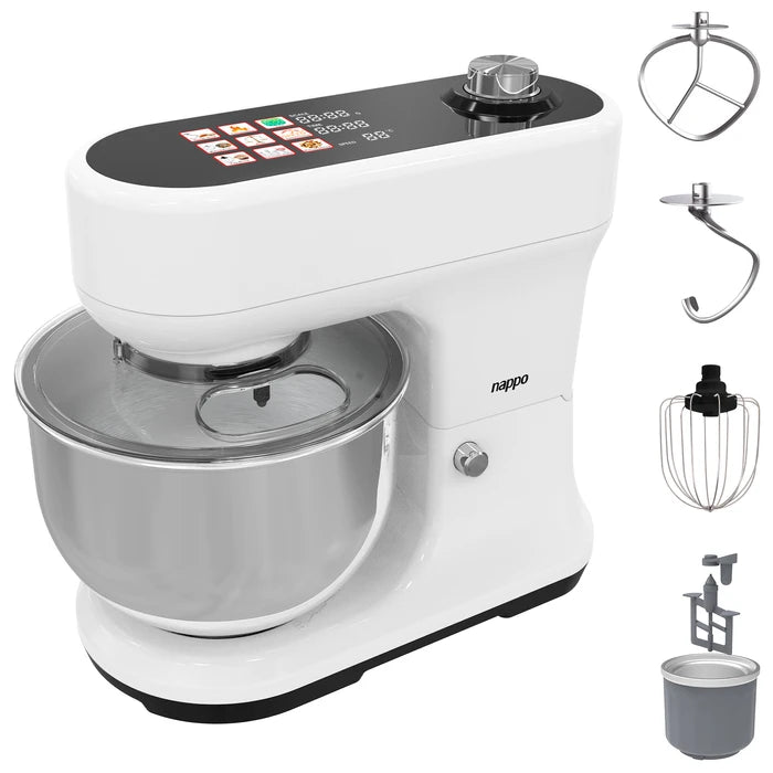 Batidora Planetaria NAPPO Profesional 9 en 1 con 1200W de Potencia, 8 Velocidades, Balanza Incorporada, Bowl de Acero Inox de 5,2L, Batidor Especial y Bowl Refrigerante para Helados, 9 Programas Inteligentes, Panel Táctil a Color y Accesorios