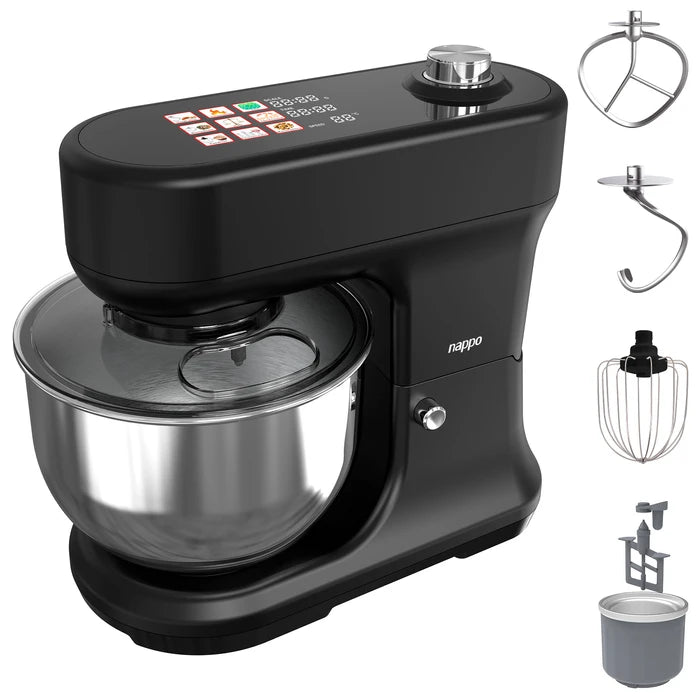 Batidora Planetaria NAPPO Profesional 9 en 1 con 1200W de Potencia, 8 Velocidades, Balanza Incorporada, Bowl de Acero Inox de 5,2L, Batidor Especial y Bowl Refrigerante para Helados, 9 Programas Inteligentes, Panel Táctil a Color y Accesorios