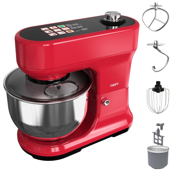 Batidora Planetaria NAPPO Profesional 9 en 1 con 1200W de Potencia, 8 Velocidades, Balanza Incorporada, Bowl de Acero Inox de 5,2L, Batidor Especial y Bowl Refrigerante para Helados, 9 Programas Inteligentes, Panel Táctil a Color y Accesorios