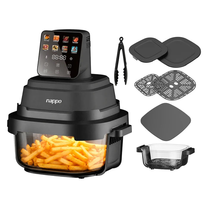 Freidora sin Aceite NAPPO Crusty 1500W hasta 200ºC, con 2 Cestas de Vidrio de 1,5 y 4L, Visualización 360º, Display Color Táctil, Pinza y Accesorios