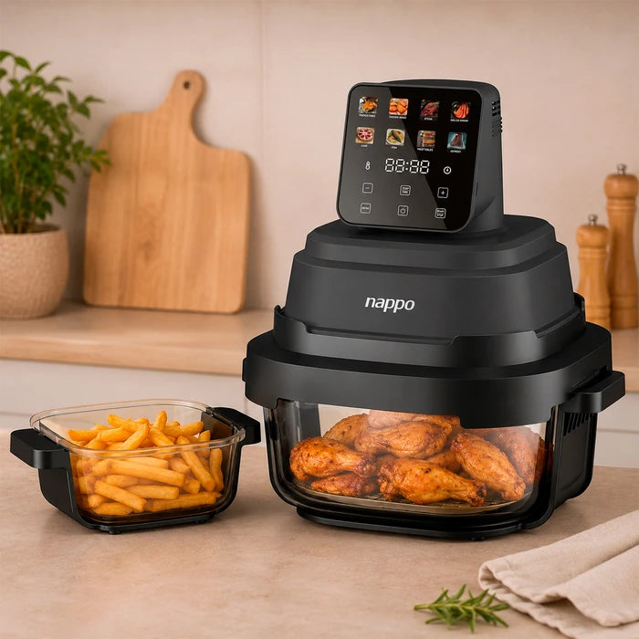 Freidora sin Aceite NAPPO Crusty 1500W hasta 200ºC, con 2 Cestas de Vidrio de 1,5 y 4L, Visualización 360º, Display Color Táctil, Pinza y Accesorios