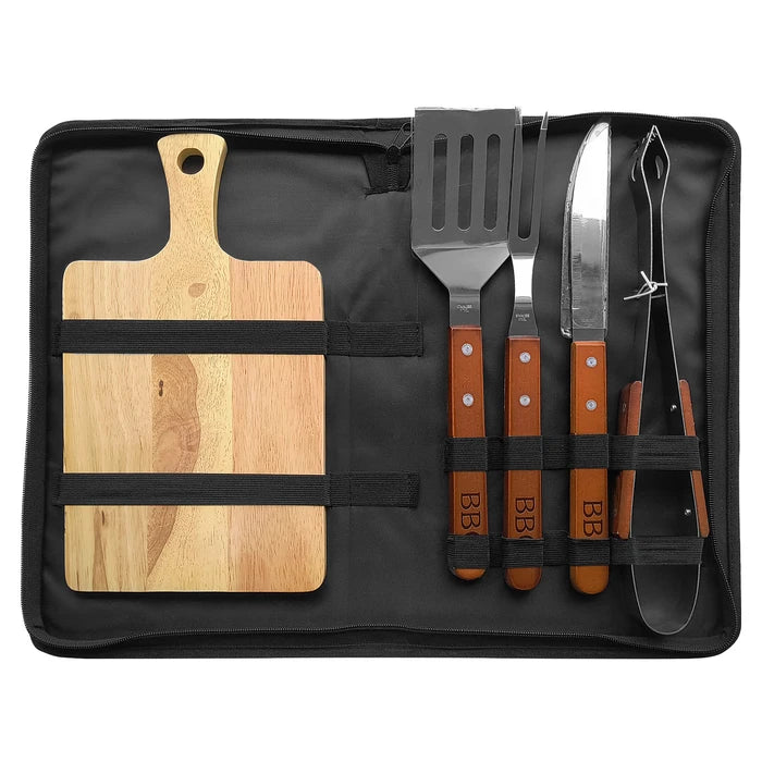 Set Asador de 6 Piezas, Utensilios de Acero Inoxidable con Mango de Madera, Tabla y Estuche
