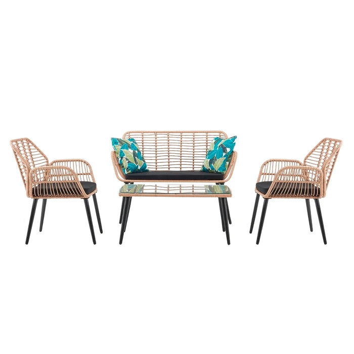 Juego De Jardín con Sillón y 2 Butacas con Almohadones Removibles + Mesa con Vidrio Templado