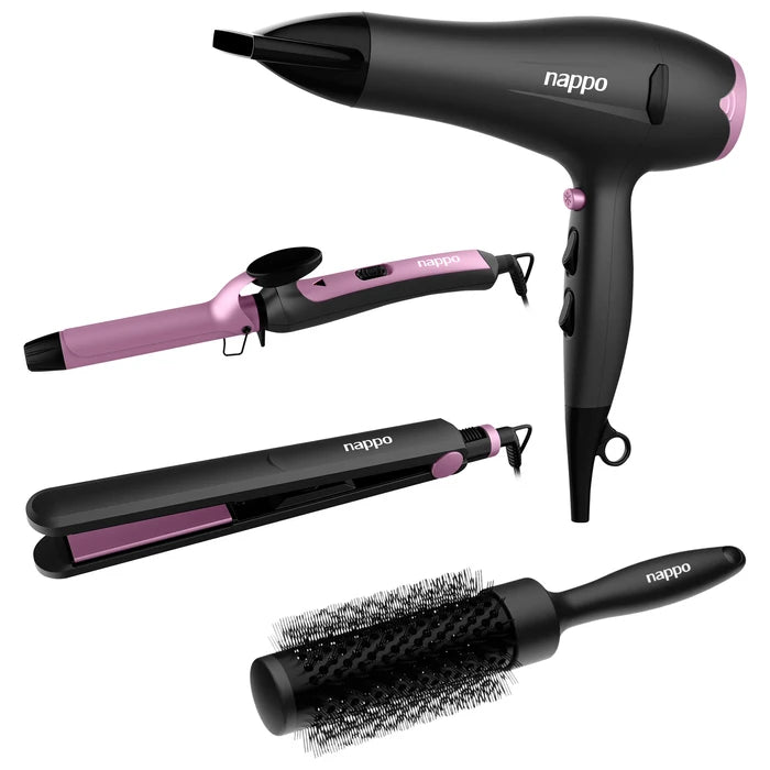 Kit 4 en 1 NAPPO Perfection con Secador de Pelo de 2400W + Planchita de 35W con Calentamiento Rápido + Buclera Rizador de 32W + Cepillo