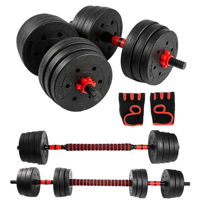 Set de Mancuernas 20Kg Totales 12 Pesas + Barra Conectora + Guantes - Rojo