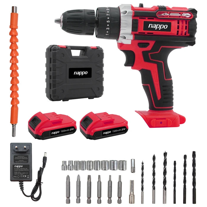 Kit Taladro Inalámbrico de Impacto NAPPO 21V 2 Velocidades Variables 2 Baterías Recargables de 1500mAh + Maletín, Mechas y Accesorios