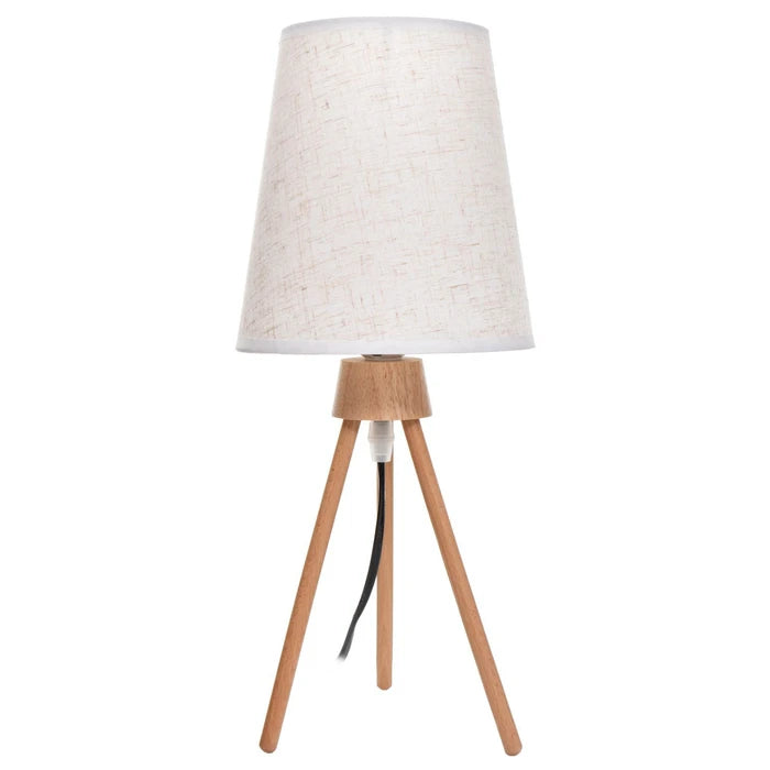 Lámpara Moderna de Mesa con Patas de Madera y Pantalla de Lino, Rosca E27