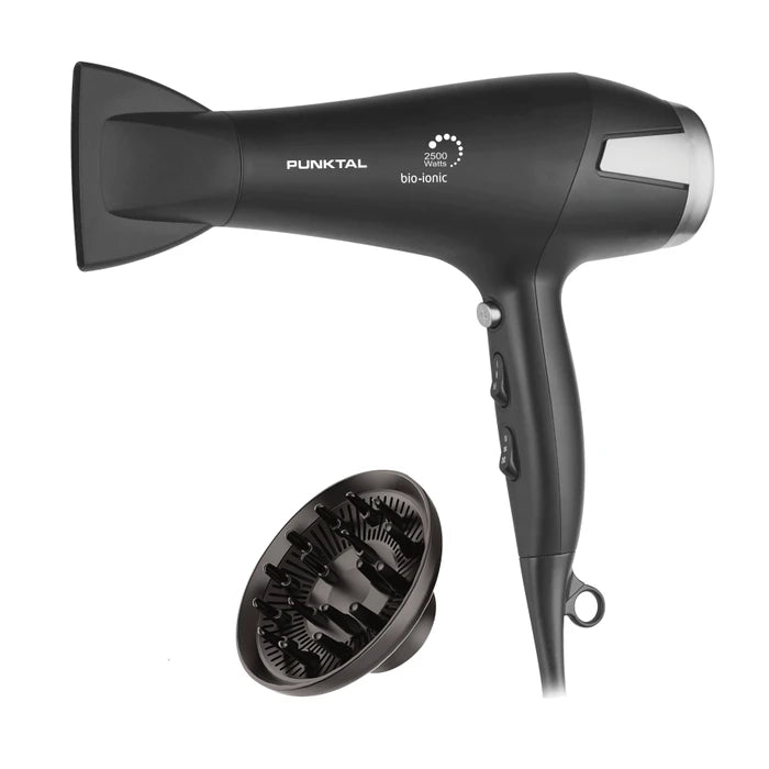 Secador de Pelo PUNKTAL Bio-Ionic 2500W 3 Temperaturas 2 Velocidades Función Cool Shot, con Difusor y Concentrador