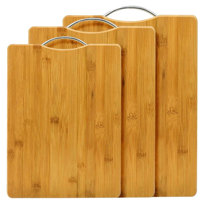 Set de 3 Tablas de Picar, de Bambú Resistente con Manija Metálica, Tamaños 38cm, 35.5cm y 30cm