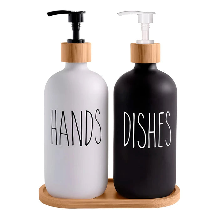 Set de 3 Piezas para Cocina con 2 Dispensadores de Vidrio Esmerilado para Jabón de Manos y Detergente + Bandeja de Bambú