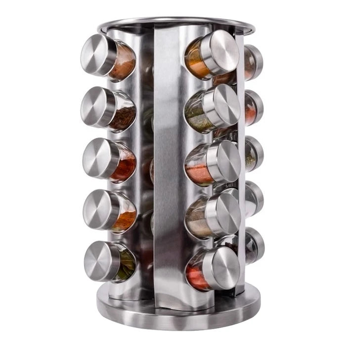 Set de 20 Especieros con Base Giratoria de Acero Inoxidable y Frascos de Vidrio - Redondo