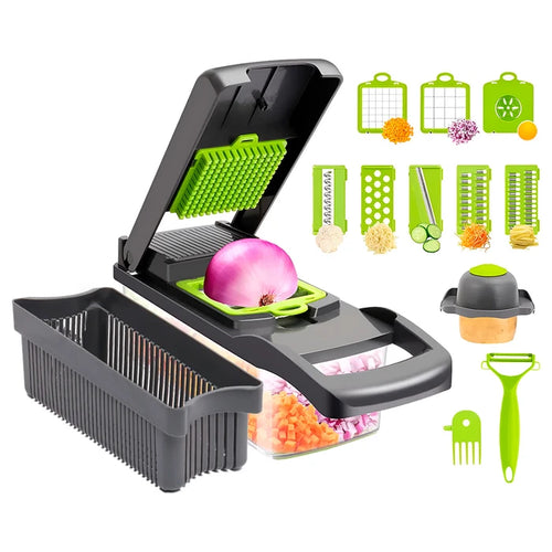 Cortador Rallador Rebanador Multifuncional de 16 Piezas ABS y Acero Inoxidable para Vegetales, Verduras, Frutas, Quesos