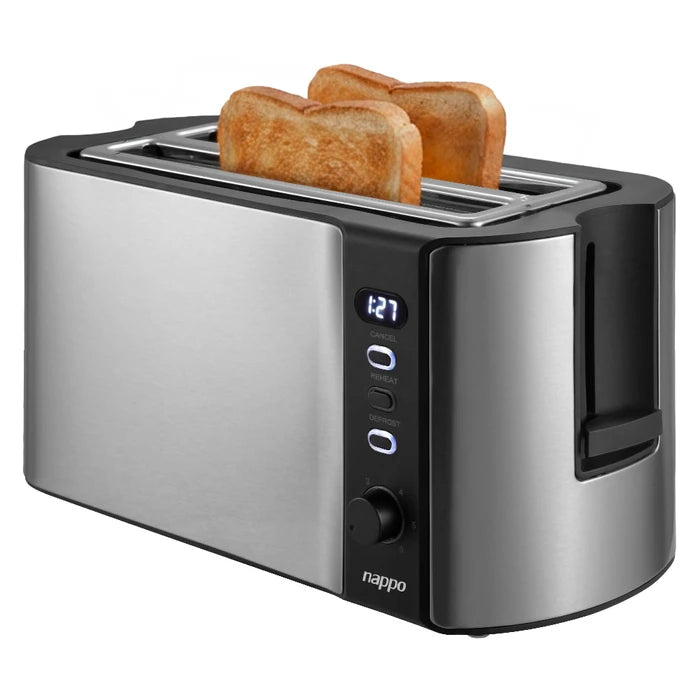 Tostadora Doble NAPPO 1500W de Potencia, Acero Inox, 6 Niveles de Tostado, Indicador de Tiempo Restante y Soporte Superior para Calentar Medialunas, Bizcochos y Más